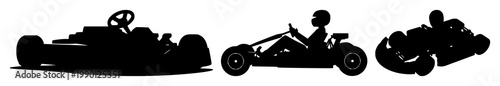 Black silhouette, white background: go kart set with simple line art design featuring sketches, drawings, vector graphics with minimalist and simple illustrations