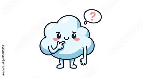 Cute cartoon cloud character with a question mark, thinking pose
