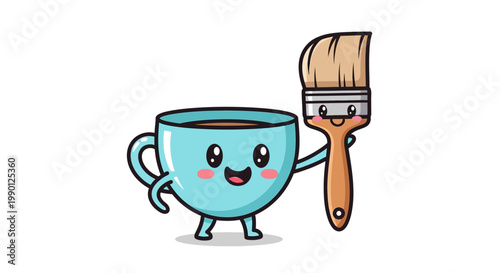 Cute cartoon coffee cup character holding a paintbrush