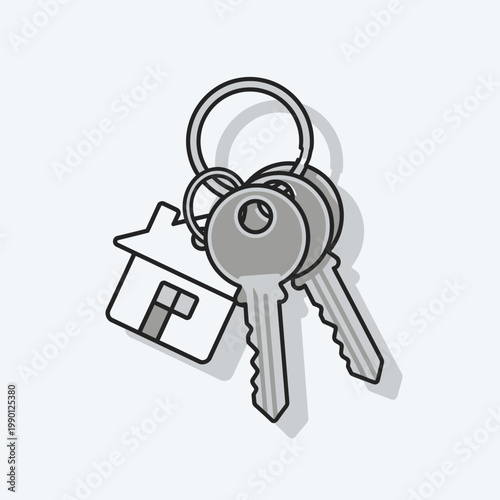 Stylized graphic depicting a set of house keys on a ring with a small house charm, symbolizing home ownership, property access, and secure living arrangements