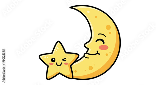 Cute cartoon crescent moon character hugging a small, winking yellow star friend.