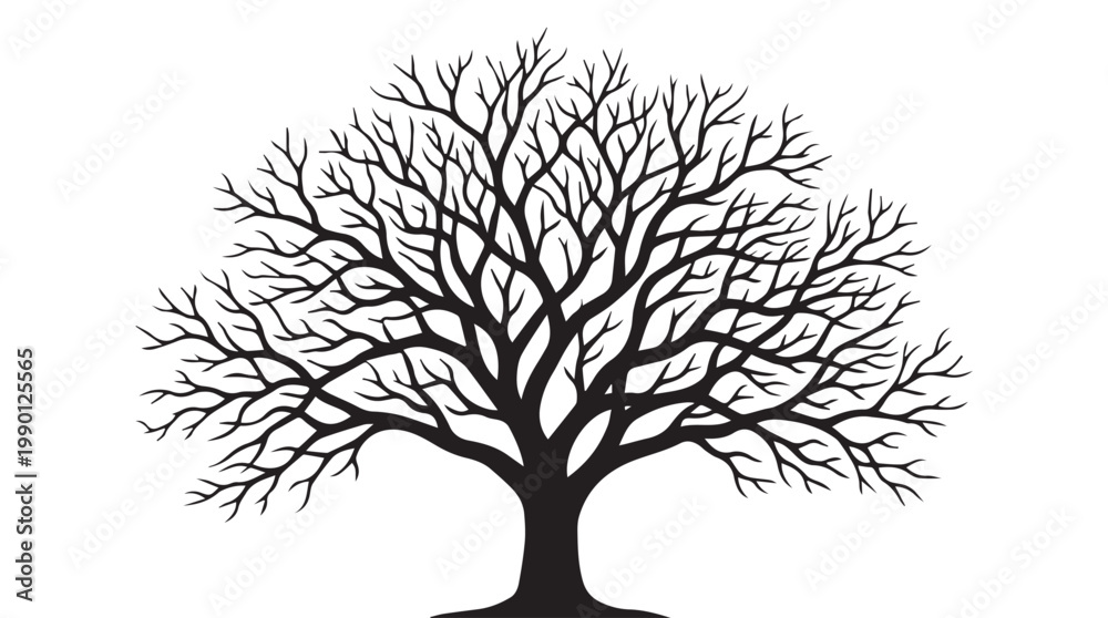 Obraz premium Minimalist black tree silhouette vector illustration with intricate branches against white background