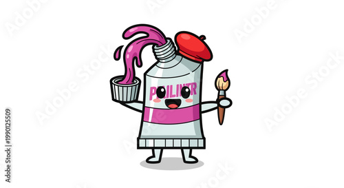 Cute Cartoon Paint Tube Character with Beret and Brush