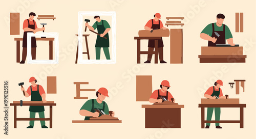 Carpentry Workshop: Craftsmen at Work, Woodworking Tools, Flat Design
