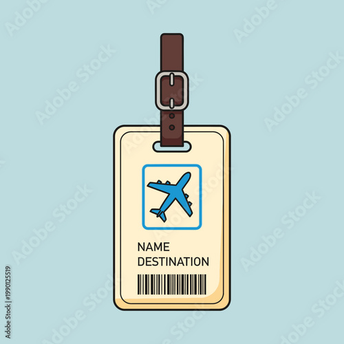 Cartoon-style luggage tag design featuring an airplane symbol, fields for name and destination, ideal for travel, vacation, and airport-themed concepts