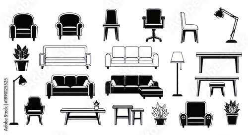 Extensive collection of interior furniture pieces including chairs sofas and tables.