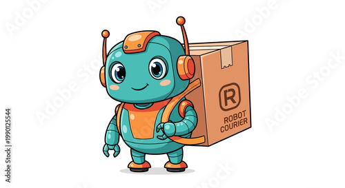 Cute cartoon robot courier character carrying a large delivery package.