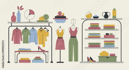 Fashion boutique interior with clothing racks and shelves displaying various apparel.