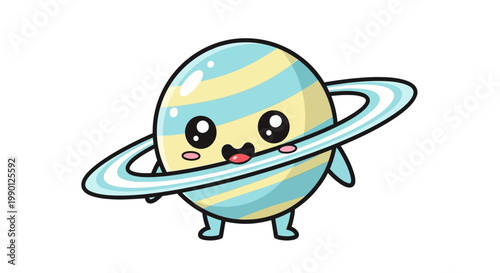 Cute Cartoon Saturn Planet Character with Blue and Yellow Stripes and Rings