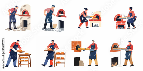 Set of diverse professional bakers using traditional wood-fired brick ovens to make fresh artisan bread, vector illustration collection.