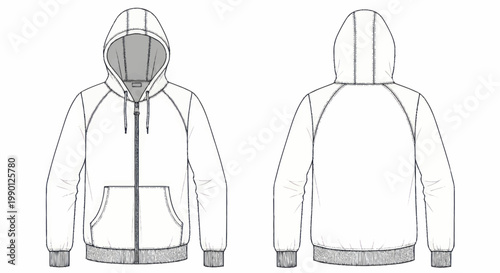 Front and back view of a blank full zip up hoodie design.