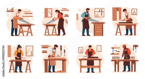 Carpentry Workshop: Craftsmen at Work. Flat Design. Wood Texture. Illustration.