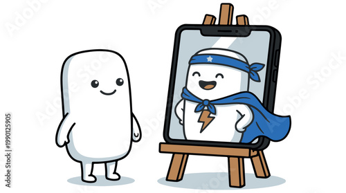 Creative cartoon character painting portrait with blue cape and headband, flat design vector illustration