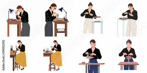 Set of vector illustrations depicting a professional female jeweler working with gemstones and tools in a jewelry workshop environment.