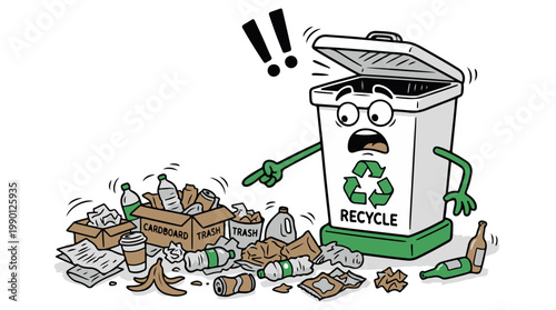 Sad anthropomorphic recycling bin overwhelmed by trash, flat design vector illustration