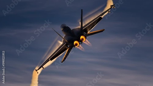 Fighter jet performing a high-speed maneuver with afterburners at sunset