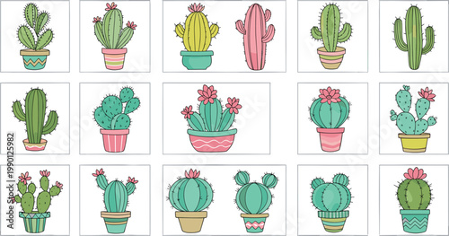 Large collection of hand drawn cute cactus and succulent plant icons in colorful decorative pots featuring pink flowers in a playful sketch vector style.