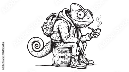 Cartoon chameleon sitting on a suitcase smoking a cigarette, whimsical traveler vector illustration