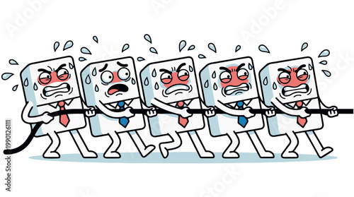 Five stressed office workers pulling a heavy load together, humorous corporate teamwork vector illustration