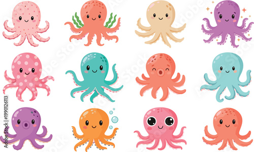 Large collection of cute cartoon octopus characters in various colors and poses for children sea life educational illustrations or nursery decor.
