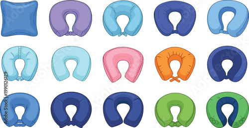 Large collection of colorful travel neck pillows and airplane cushions in various shades for comfortable transport long distance journeys and tourism.