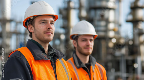 Two workers stand before industrial towers. Their expressions show calm focus and readiness. The background features tall, metallic structures