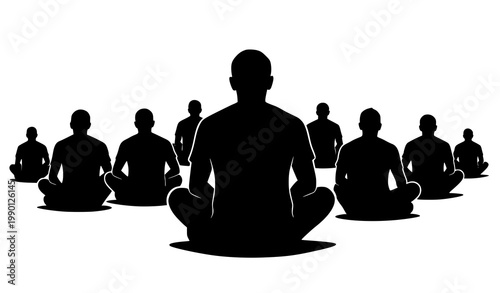 Group of men sitting cross legged back view black silhouette vector illustration isolated on white