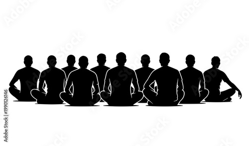 Back view men sitting cross legged silhouette collection with group formation vector illustration