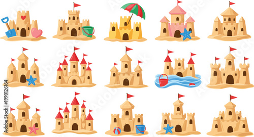 Collection of various sandcastle vector illustrations with red flags buckets shovels starfish and beach umbrellas for summer vacation and childhood play themes.