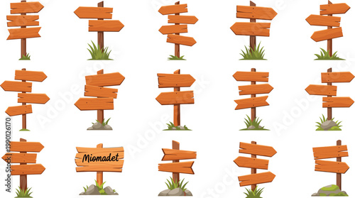 Fotografía Large set of blank wooden directional signs and arrows with grass and rocks for rustic outdoor guidance or nature hiking maps
