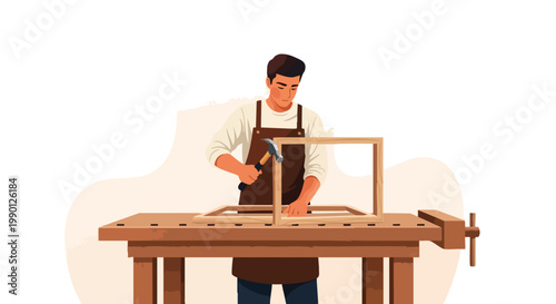 Carpenter Crafting Wooden Frame on Workbench