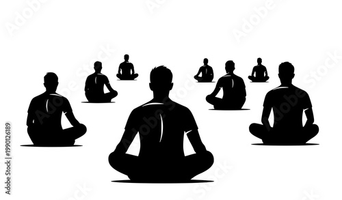 Men sitting cross legged back view silhouette vector illustration for meditation and group concept
