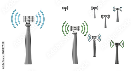 Illustration of various cell towers with signal waves.