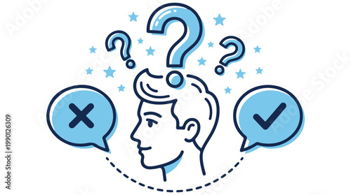 Confused man deciding between correct and incorrect choices, flat design vector illustration