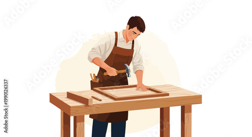 Carpenter working on wooden frame at workbench