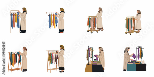 Set of illustrations featuring a woman in a trench coat and hijab shopping for and organizing colorful scarves on various racks and displays.