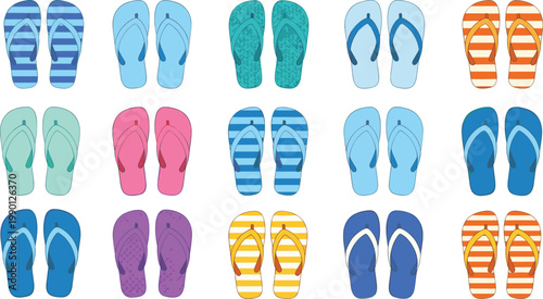 Colorful collection of summer flip flops vector illustrations featuring blue orange and purple patterns for beach and holiday footwear design.