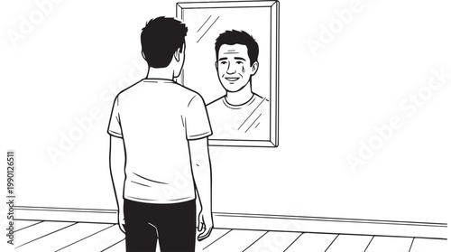 Man admiring his reflection in a framed mirror, thoughtful vector illustration