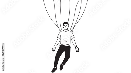 Man floating with hot air balloon strings, whimsical vector illustration