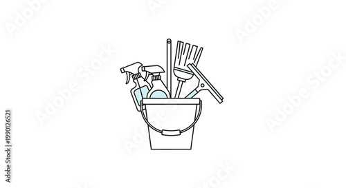 A bucket filled with cleaning tools.