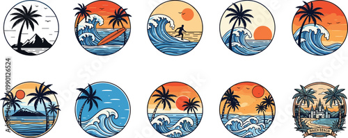 Colorful collection of circular summer beach badges featuring surfing silhouettes palm trees ocean waves and vibrant tropical sunset landscapes.