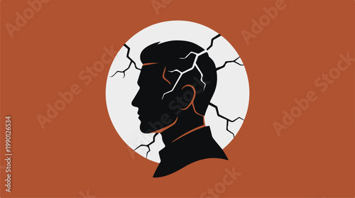 Broken human head silhouette with cracked brain illustration, emotional stress concept, flat design vector