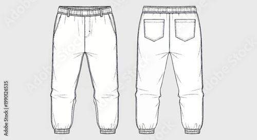 Front and back view of mens jogger pants fashion flat sketch.