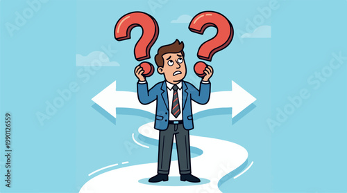 Confused businessman standing at crossroads with question marks, dilemma decision making, flat design vector illustration