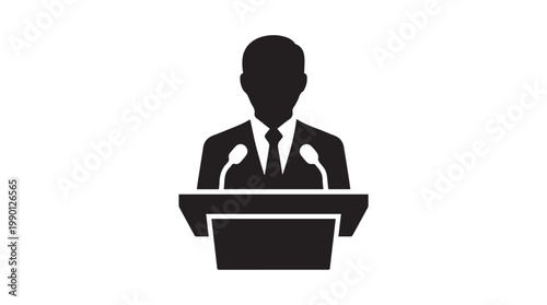 Professional speaker delivering presentation at podium, minimalist vector illustration