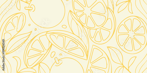 Seamless Pattern of Stylized Lemon Slices and Citrus Fruits.