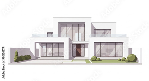 Modern Luxury White House Exterior With Large Windows.