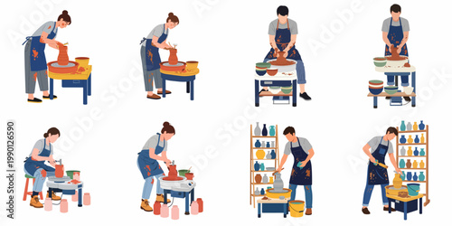 Collection of male and female potters working on pottery wheels, creating ceramic vases and pots in a studio setting, flat vector illustration.