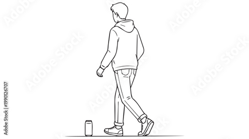 Man walking away from discarded cigarette butt, minimalist vector illustration