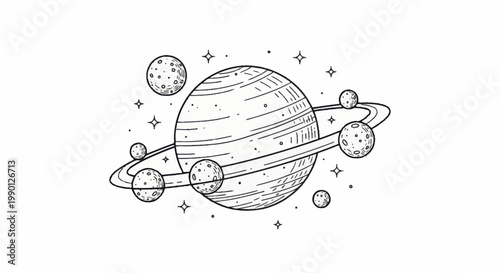 Hand Drawn Illustration of Saturn and its Moons in Space.